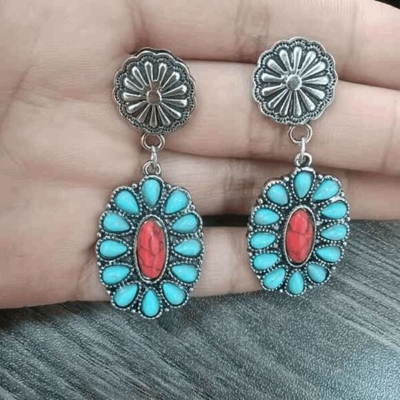 Western Boho Concho Turquoise Concho Santa Fe Style Dangle Earrings - Picture 3 of 4